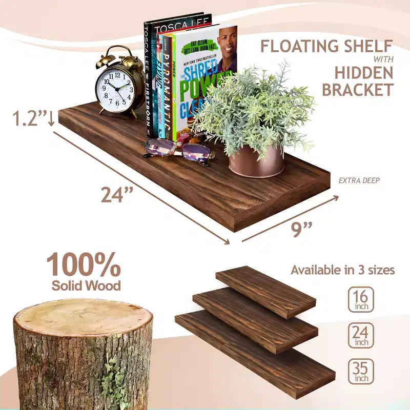 Sorbus 2 Pack 24 Solid Wood Floating Shelves - for Bathroom Decor, Books, Bedroom & Living Room