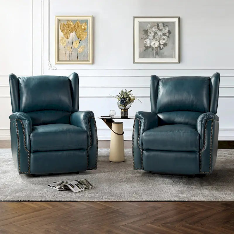 Genuine Leather Power Recliner with USB Port 鈥?Wingback Nailhead Set of 2
