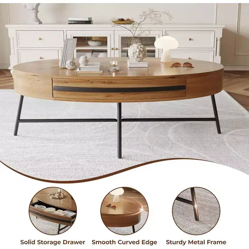 Acekool Oval Coffee Table with Drawer, 47.2 Wooden Storage Table with Cross Metal Legs  Mid-Century Modern Center Table in Natural & Golden Willow