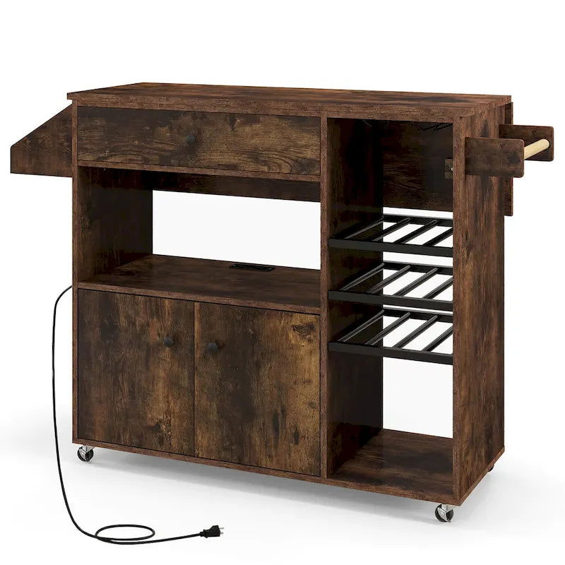 Kitchen Island Cart – White / Brown / Black, Drop-Leaf, Power Outlet, Wine Rack, Microwave Shelf, Casters