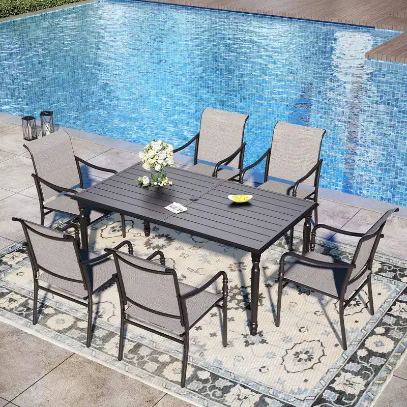 Captiva Designs 7 Pc Patio Outdoor Dining Set with Slat Tabletop Rectangular Table & Gray Textilene Fixed Chairs