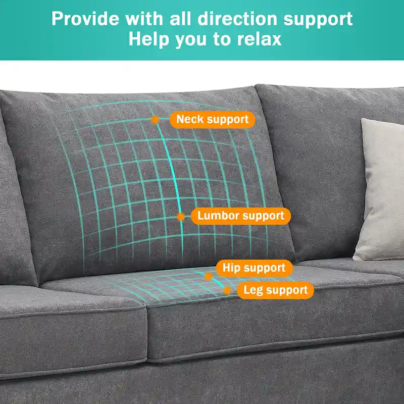 L-Shape Sectional Sofa with 3 Pillows, Gray Polyester Upholstery, 91