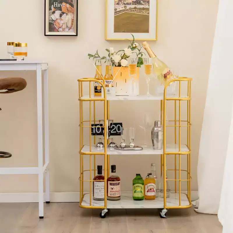 3-Tier Kitchen Storage Utility Cart Gold Rolling Bar Serving w/Lockable Casters