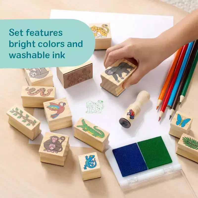 Melissa & Doug Stamp-a-Scene Stamp Set: Rain Forest - 20 Wooden Stamps, 27-Piece Set for Kids, Animals Theme