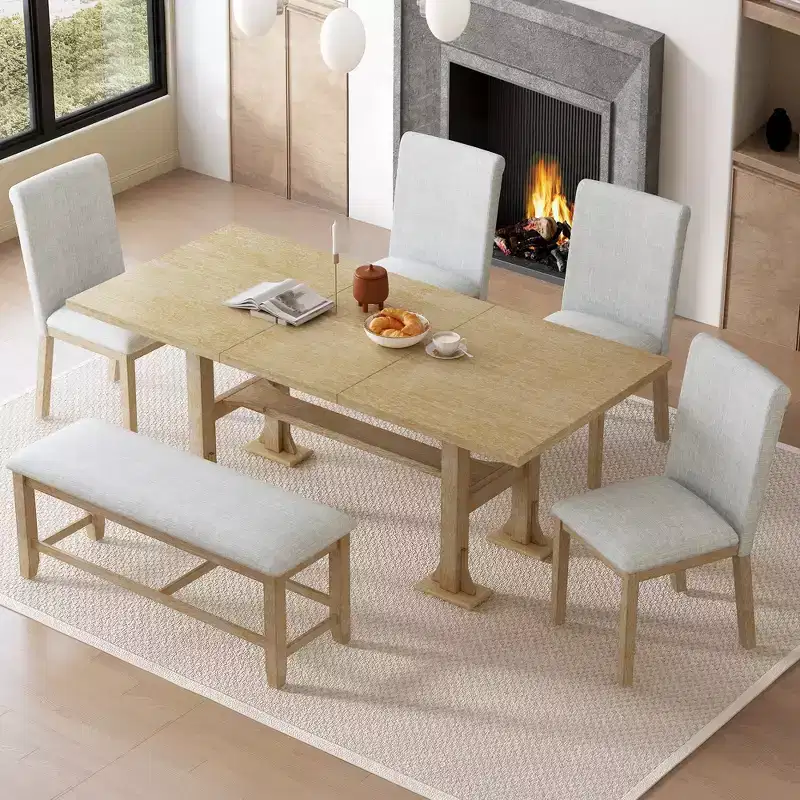 6 Pieces Dining Table Set with Bench for 6, Kitchen Table Set with Storage Drawer and 4 Upholstered Dining Chairs