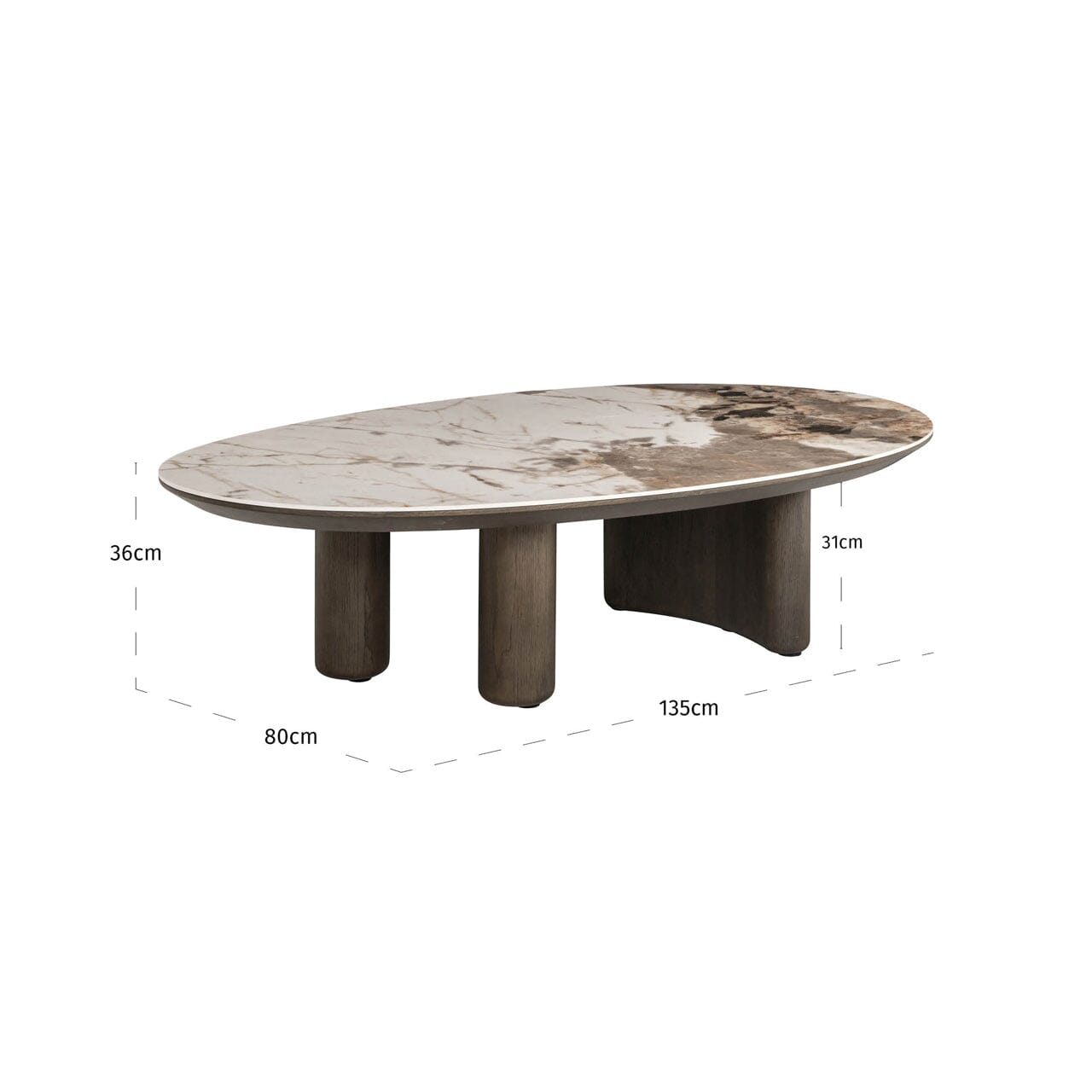 Brown Oak Veneer Oval Coffee Table with Faux Marble Top