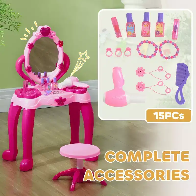Kids Vanity Table Set with Light-Up Mirror Stool and 15 Accessories Pink