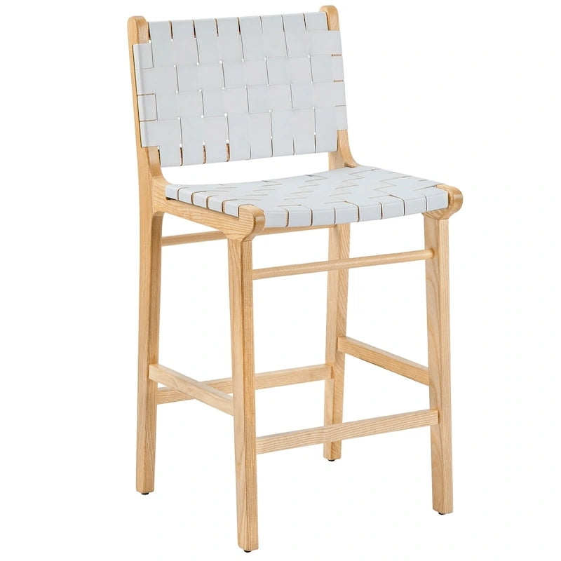 Woven Leather Counter Height Bar Stool, Ash Wood Frame, No Assembly