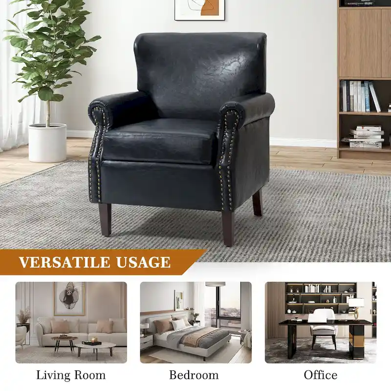 Transitional Leather Armchair with Nailhead Trim Rolled Arms