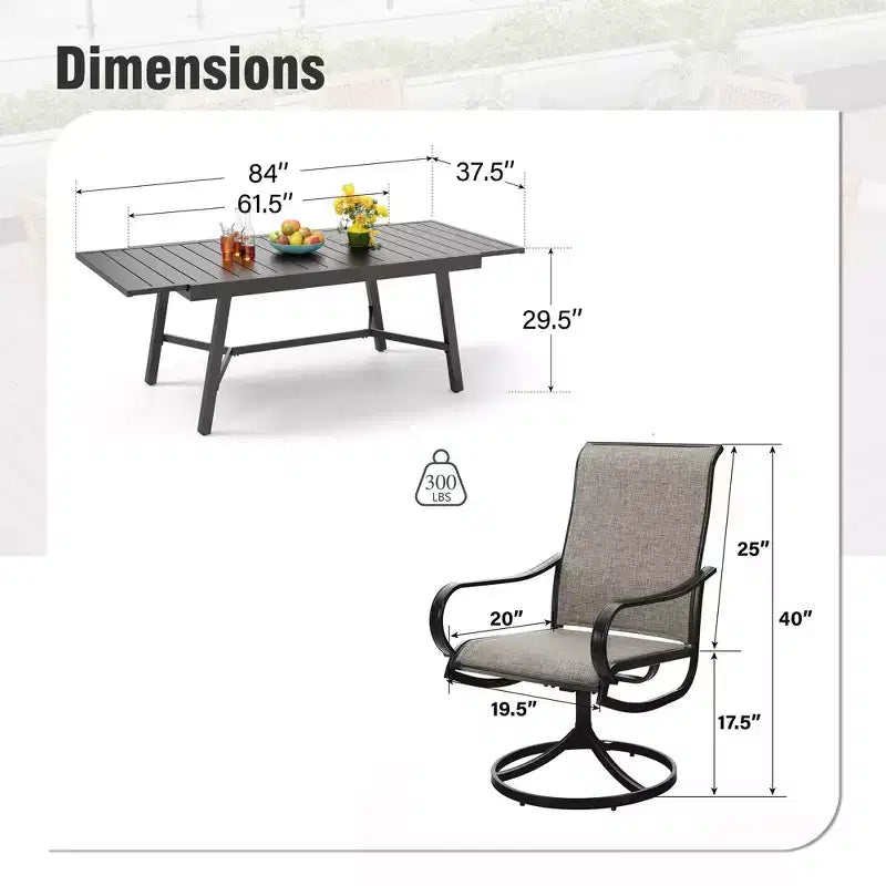 Captiva Designs 9pc Patio Dining Extendable Black Steel Rectangle Table & Textilene Swivel Chairs