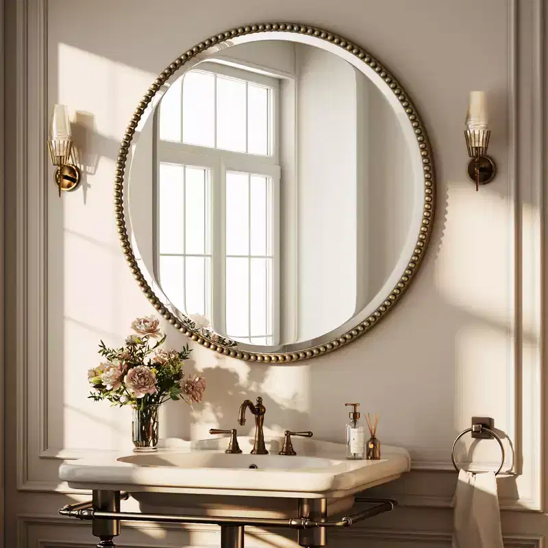 Beaded Round Wall Mirror - Decorative Vanity Bathroom Mirror with Resin Frame