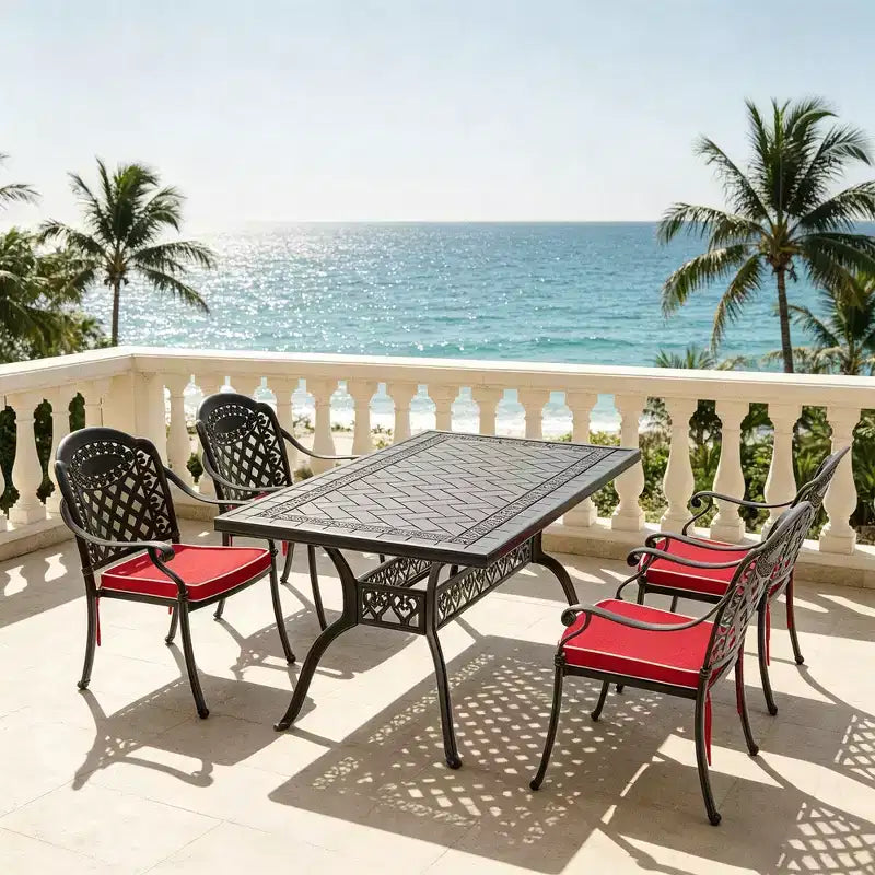 5-Piece Rectangular Cast Aluminum Patio Dining Set for Outdoor Backyard Garden Deck Poolside with Cushions
