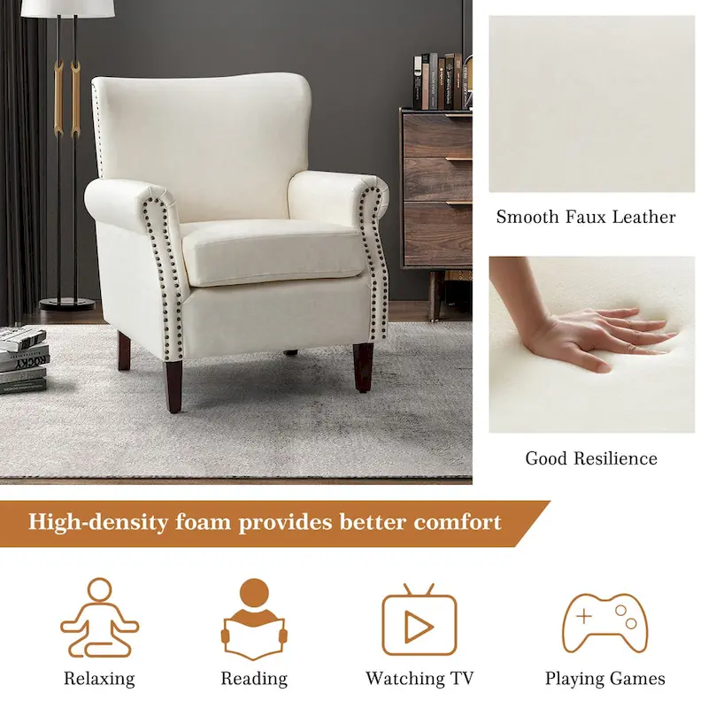 Transitional Leather Armchair with Nailhead Trim Rolled Arms