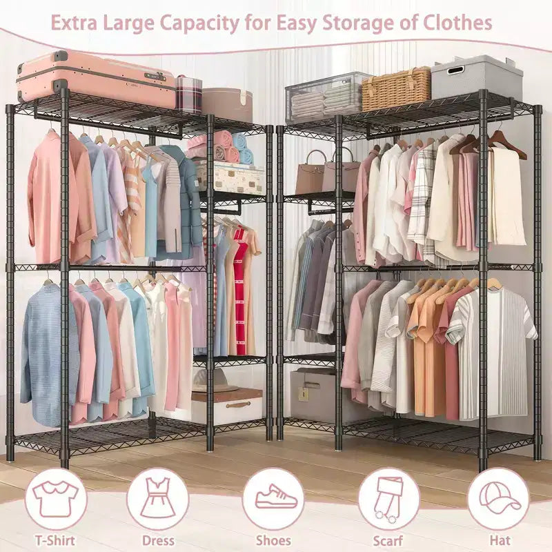 Okak Heavy Duty Storage Rack with 6 Adjustable Wire Shelving, Freestanding Coat Rack with 3 Clothes Rails, Hall Tree for Living Room, Bedroom, Black