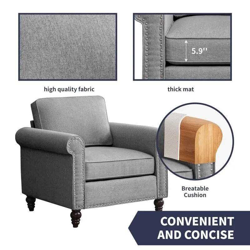 Modern Linen Sectional Single Sofa with Solid Wood Frame & Pocket Coils