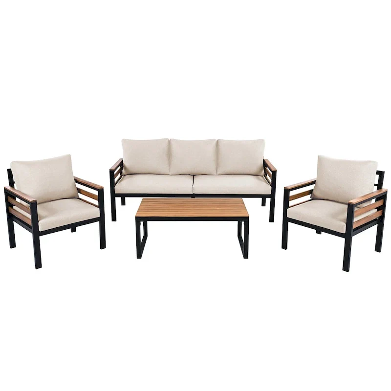 4-Piece Outdoor Sofa Set for 5 with Solid Wood Coffee Table and Removable Cushions