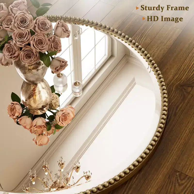 Beaded Round Wall Mirror - Decorative Vanity Bathroom Mirror with Resin Frame