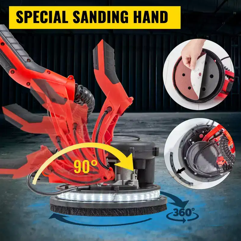 VEVOR Drywall Sander 850W, Electric Drywall Sander, Variable Speed 800-1750 RPM, Foldable Sheetrock Sander, with Telescope Handle, Red&Black