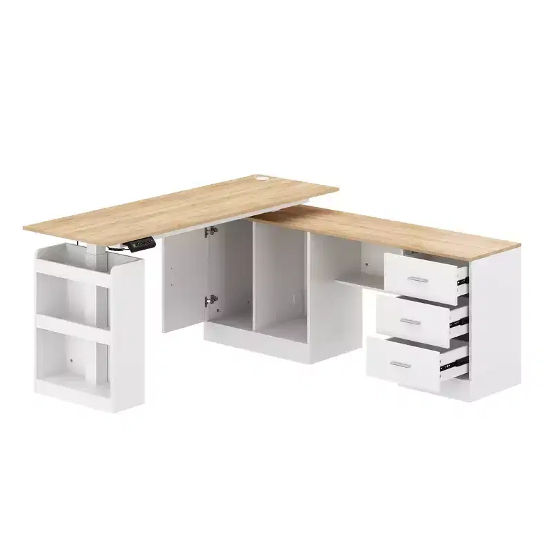 Height-Adjustable Computer Desk Office Desk Standing Desk: L-Shaped Spacious Desktop, Storage Cabinets
