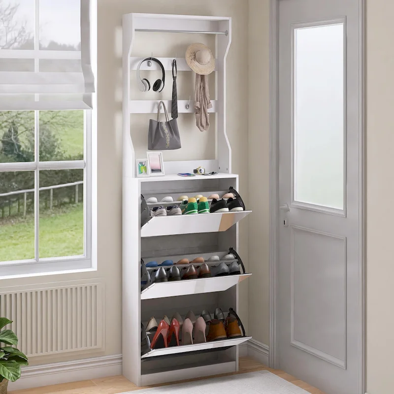 White Flip-Down Shoe Cabinet with Mirror Hooks Hanger Rod Tabletop Entryway Storage