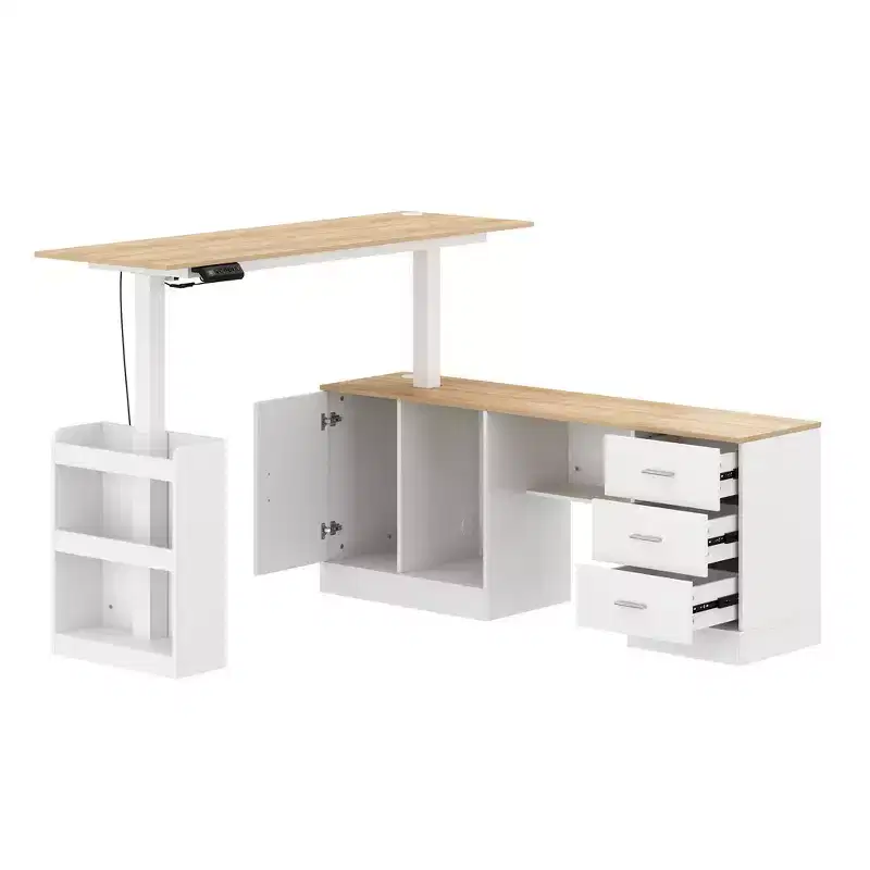 Height-Adjustable Computer Desk Office Desk Standing Desk: L-Shaped Spacious Desktop, Storage Cabinets