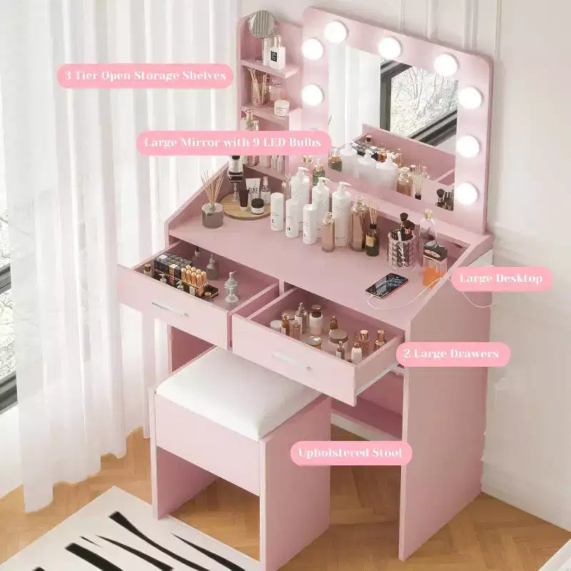 Vanity Desk with Mirror, Makeup Vanity with Cushioned Stool, 3 Lighting Modes Adjustable Brightness
