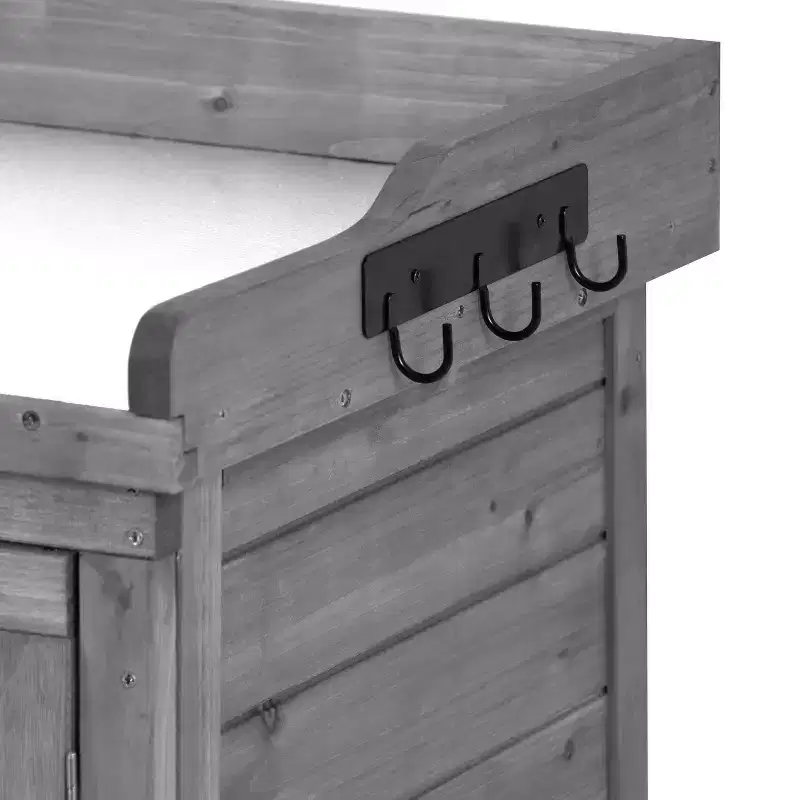 Outdoor Potting Bench with 2-Tier Shelves & Side Hooks, Galvanized Tabletop, Garden Workstation
