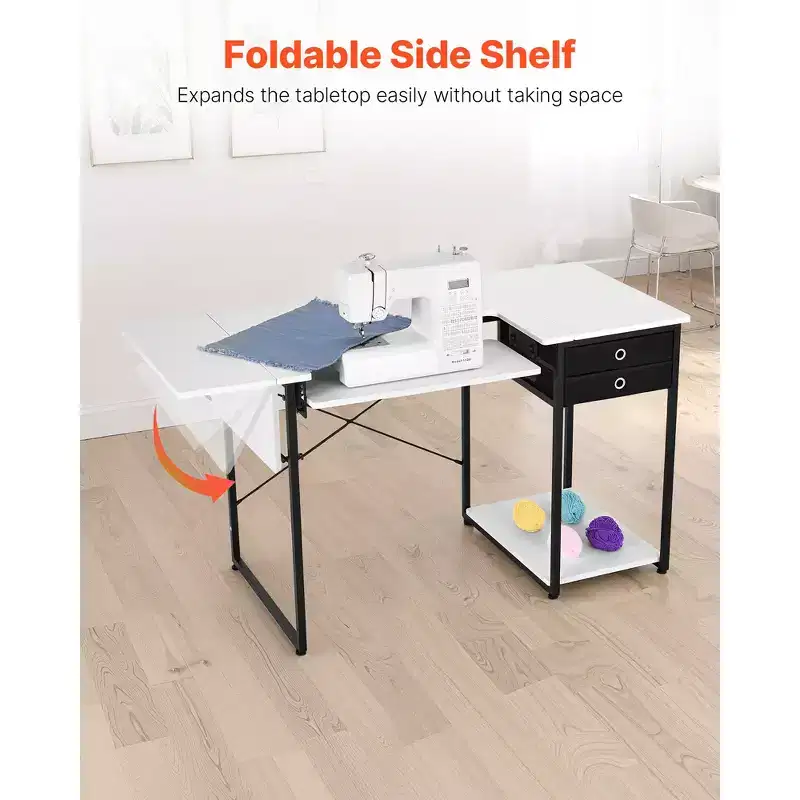 Multipurpose Sewing Machine Table with Drawers, Foldable Side Shelf, Adjustable Shelf, Steel Legs, White