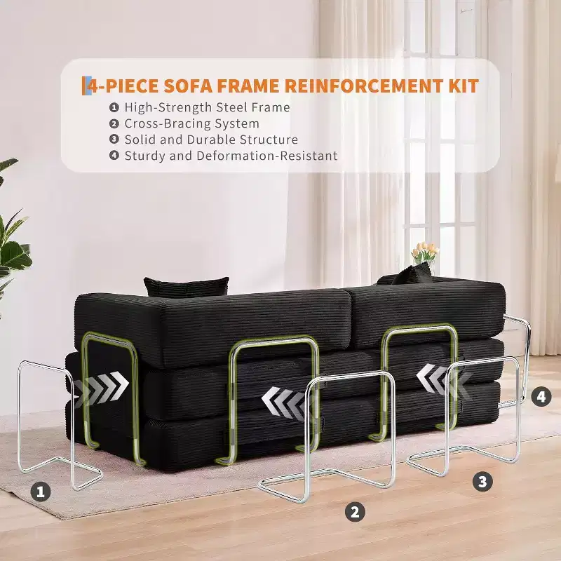 Convertible Couch, Folding Sofa Bed with 2 Pillows, Plush Corduroy Boneless Convertible Sofa, No Assembly Required for Living Room, Bedroom