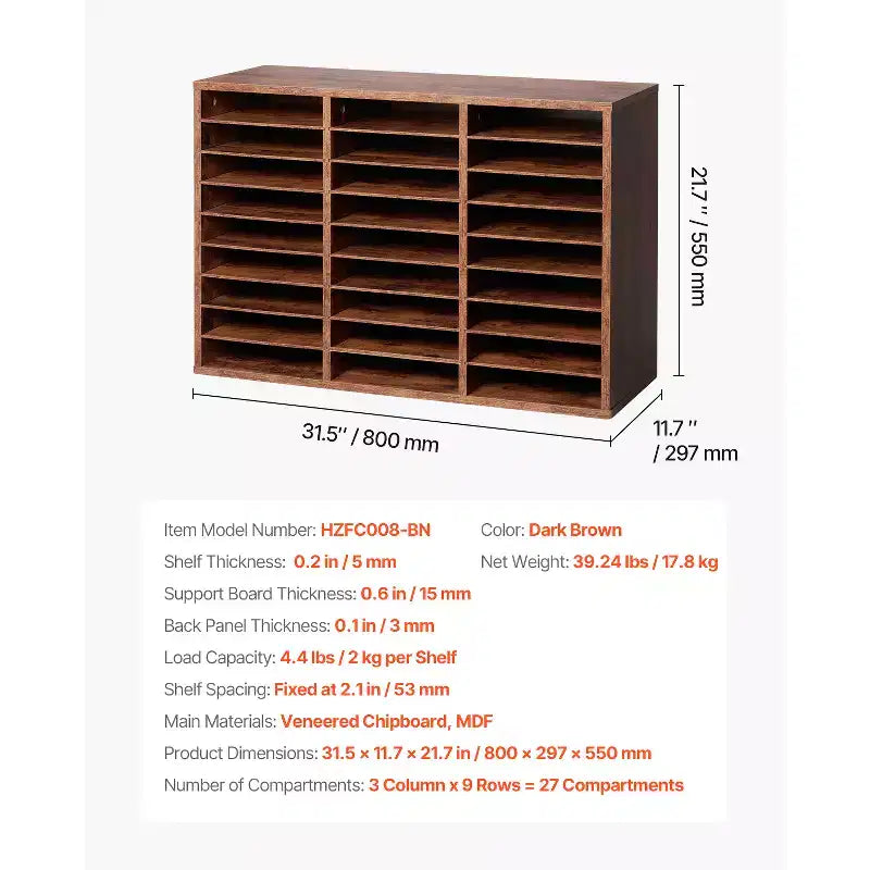 Literature Organizer, 27 Compartments Office Mailbox with Removable Shelves, Wood Mailbox Sorter, Brown
