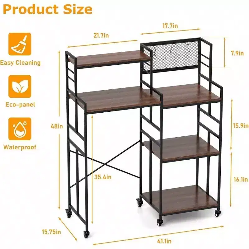 Fridge Shelf with Wheels 5 Tier Kitchen Bakers Rack Adjustable Microwave Oven Stand Table with Storage Fridge Stand