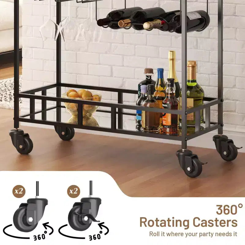 COZONY 2 Tier Bar Cart with Wine Rack and Glass Holder, Mirrored Mobile Serving Cart with Wheels for Kitchen Living Room