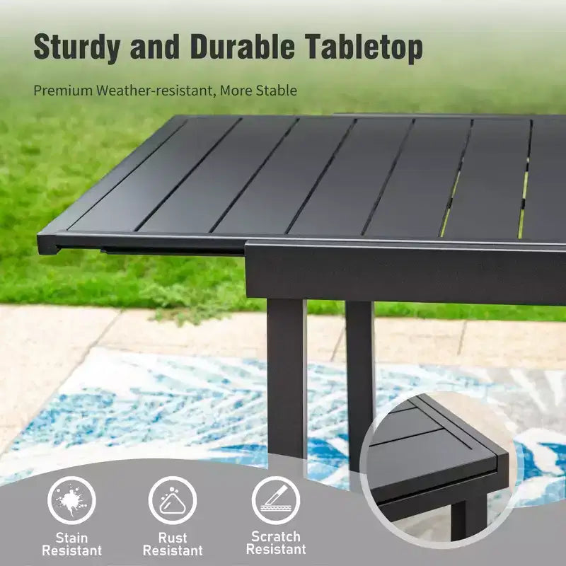 Captiva Designs 7pc Patio Slat-top Adjustable Rectangular Table & Gray Textilene Aluminum Chairs