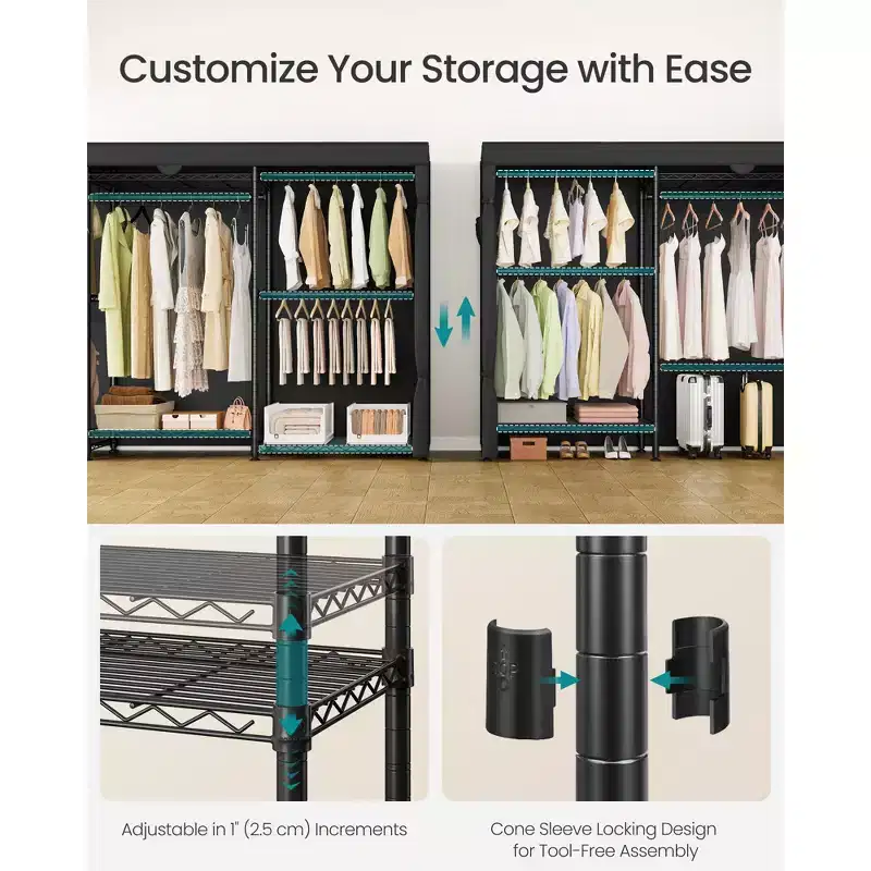 Heavy-Duty Rolling Clothes Rack, Portable Closet on Wheels, with Adjustable Mesh Shelves and Hanging Rails, Fabric Cover, Ink Black