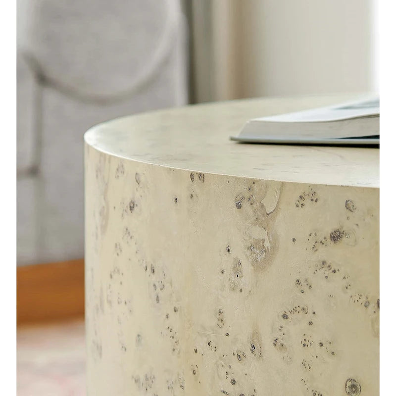 Round Burl Wood Coffee Table – Natural / Off White, Mid-Century Style