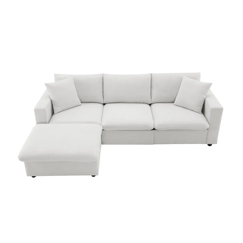 White L-Shaped Sectional Sofa with Ottoman, Seats 5