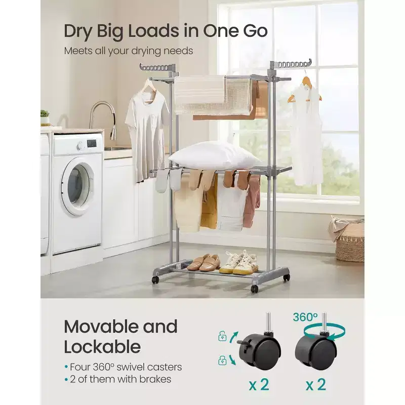 3-Tier Foldable Laundry Drying Rack, 58.3-Inch Tall with Wheels, 55lb Capacity, Rolling Clothes Horses, Indoor Outdoor Use, Dove Gray