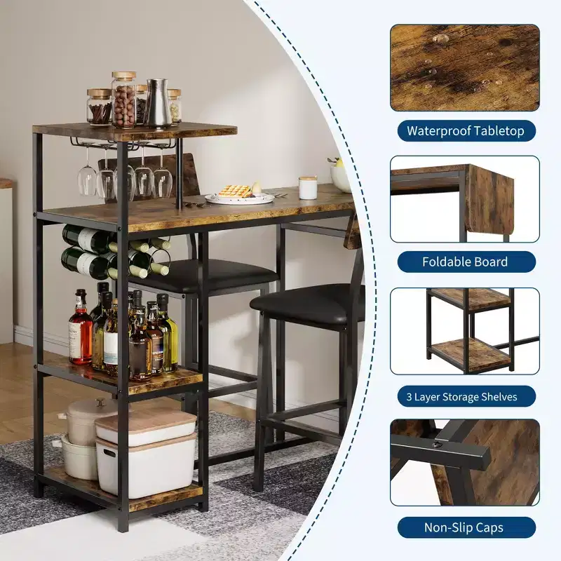Dining Table Set for 2, Kitchen Table and Chairs, Bar Table Set with 2 Bar Stools, 3 Piece Dining Room Table Set for Small Space, Apartment