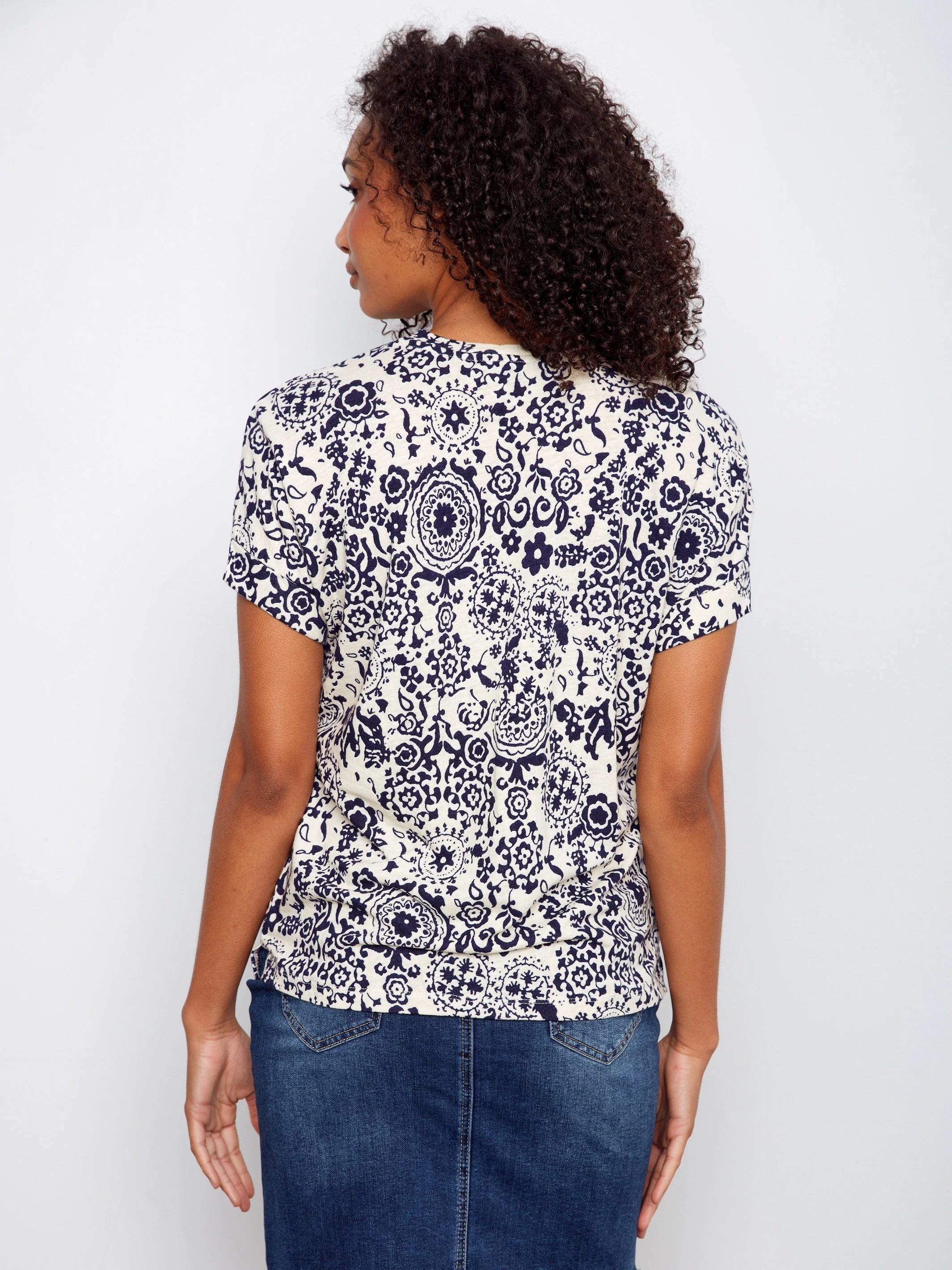 Printed Short Sleeve V-Neck T-Shirt - Baroque Print
