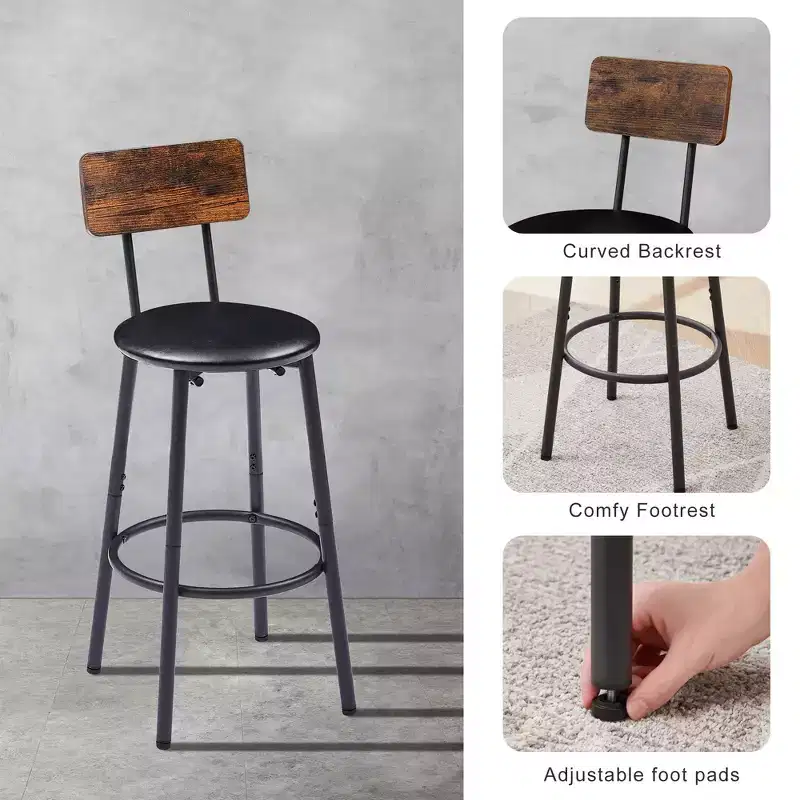 GDFStudio Briar 3 Piece Rustic Bar Table Set with Faux Leather Upholstered Bar Stools