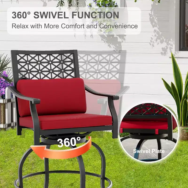 Acekool 2-Pack Outdoor Swivel Bar Stools with Cushions, 360 Rotating Counter Height Patio Chairs with Armrest & Backrest