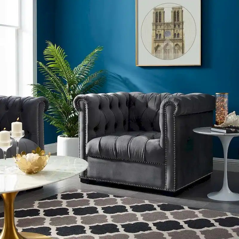 Chesterfield Armchair – Midnight Blue / Aqua / Grey / Ivory, Performance Velvet, Button Tufted, Seats 1