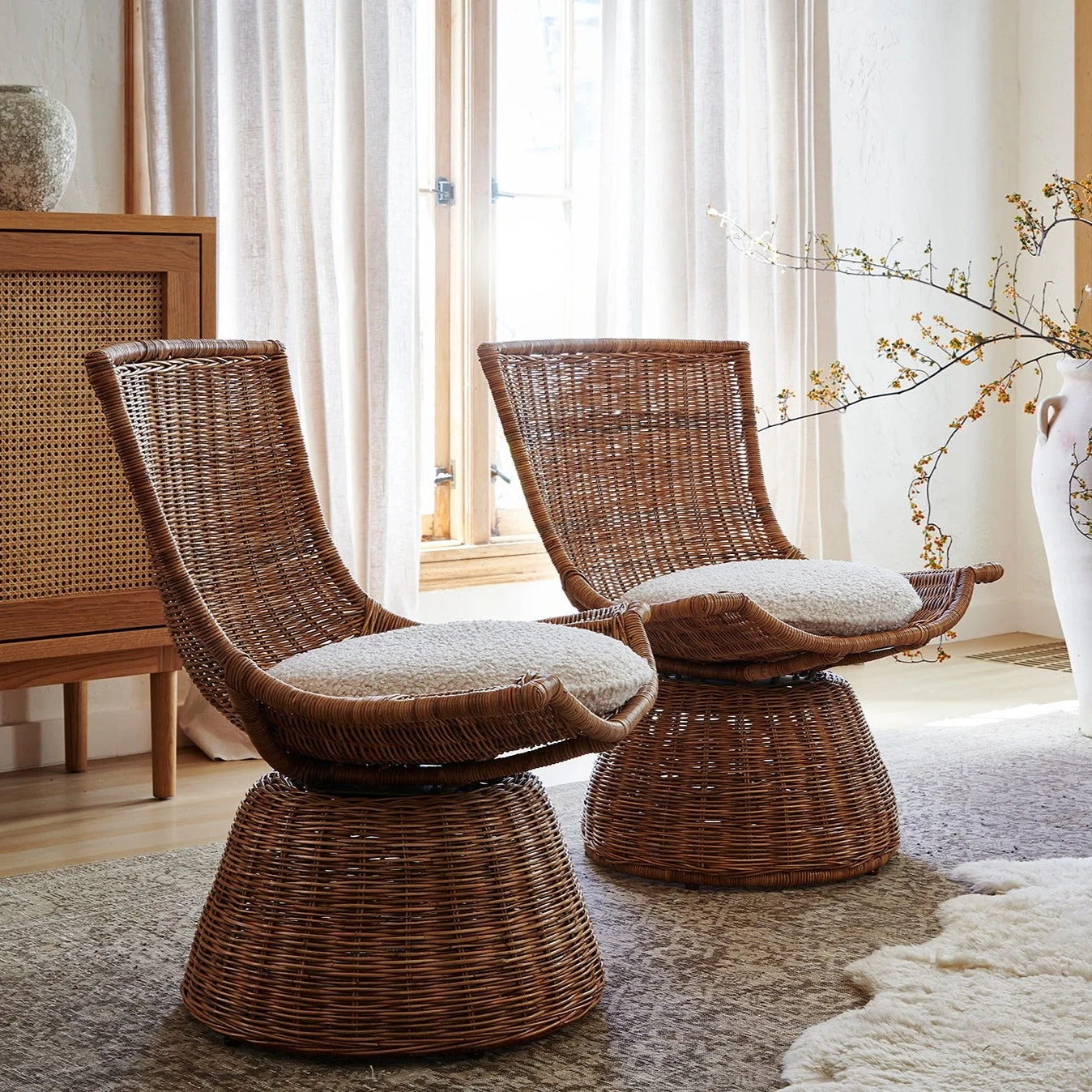 Mid-Century Modern Handwoven Rattan & Linen Small Swivel Chair with Compact Scale for Bedroom or Study
