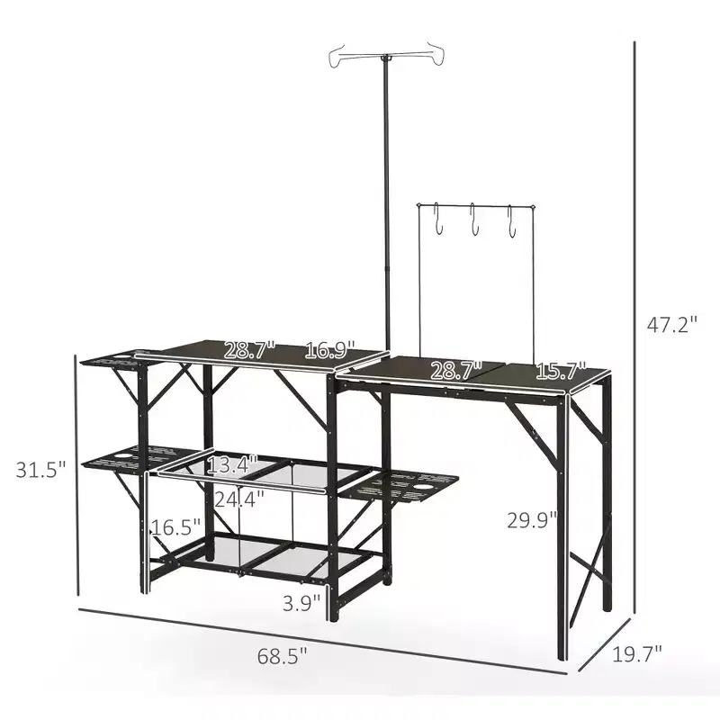 Folding Camp Kitchen, Camping Table Cooking Station with Adjustable Lamp Stand