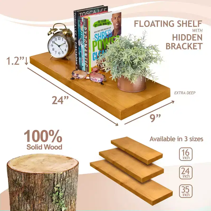 Sorbus 2 Pack 24 Solid Wood Floating Shelves - for Bathroom Decor, Books, Bedroom & Living Room