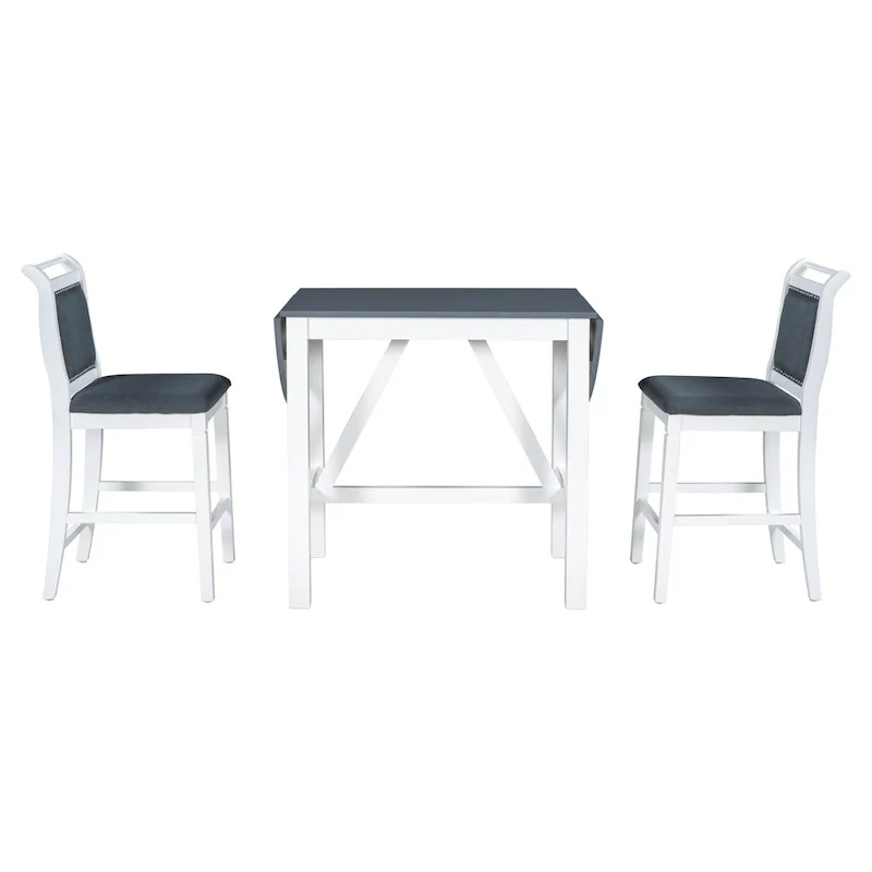 Rustic Style Wooden 3-Piece Dining Table Set with Drop Leaf and 2 Upholstered Dining Chairs