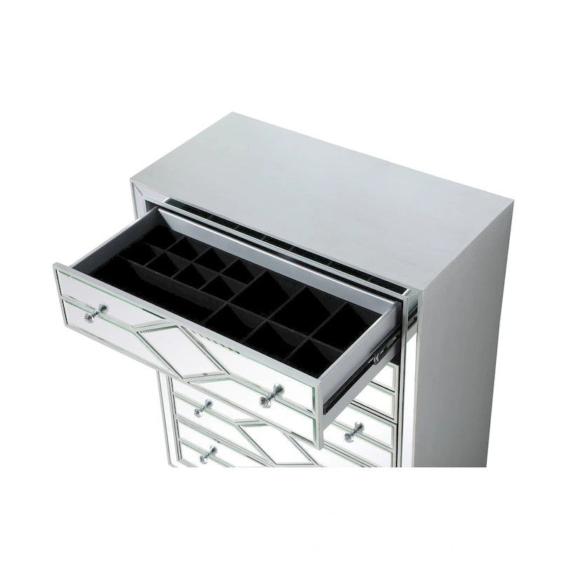 5-Drawer Chest – Antique White / Silver, Beveled Mirror Panels, Crystal Knobs, Hand-Painted Finish