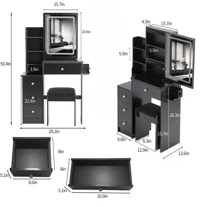 Small Vanity Desk with Mirror and Lights, Makeup Vanity Desk Drawers and Shelves, 3 Lighting Mode Adjustable Lighting, Dressing Table