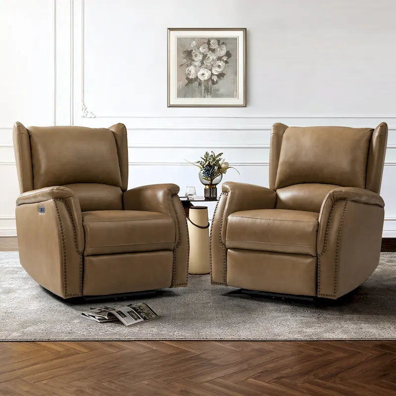 Genuine Leather Power Recliner with USB Port 鈥?Wingback Nailhead Set of 2
