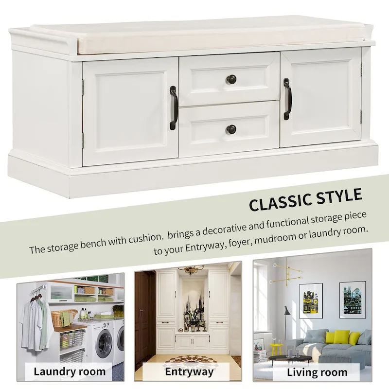 Storage Shoes Bench with 2 Drawers, 2 Cabinets and Removable Cushion